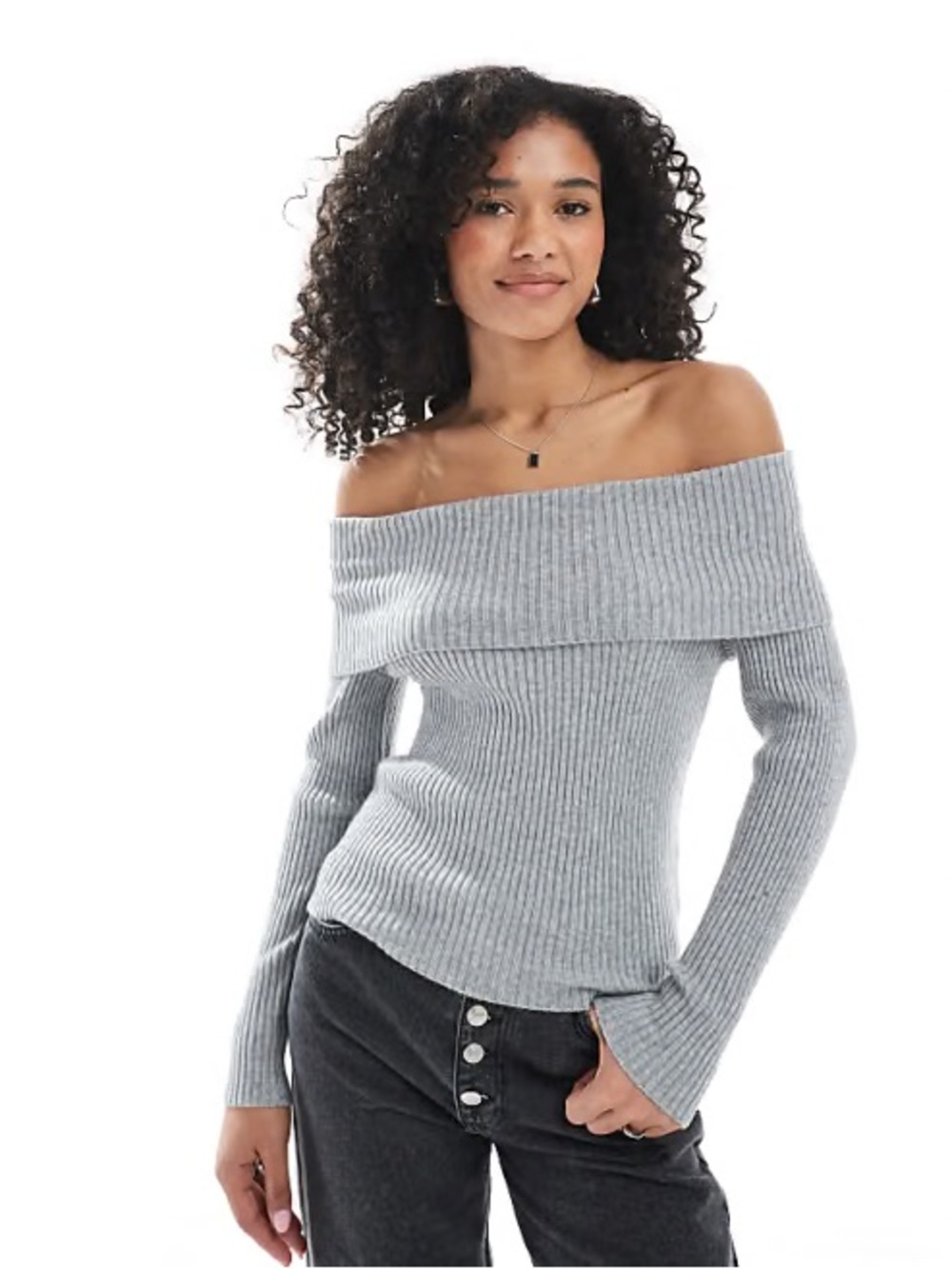 Divided Off-the-Shoulder Ribbed Sweater - Light Gray